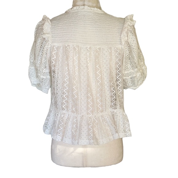 Mango MNG White Eyelet Lace Smocked Ruffle Tie Front Tassel Cropped Blouse - XS - Picture 6 of 9